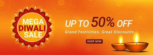 Mega Diwali Sale Cabeçalho Design Banner Com Oferta Desconto Lâmpadas — Vetor de Stock