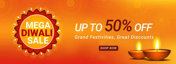 Mega Diwali Venta Encabezado Banner Diseño Con Oferta Descuento Lámparas — Archivo Imágenes Vectoriales