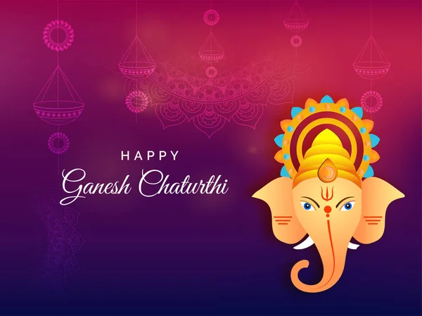 빛나는 보라색 포스터 디자인의 Ganesh Chaturthi 장식적인 코끼리 일러스트 — 스톡 벡터