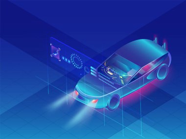 Parlak mavi arka plan, fütüristik otomotiv teknolojisi özerk araba.