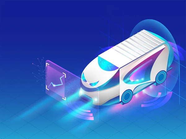 Bus Autonome Isométrique Isolé Sur Fond Bleu Brillant Concept Technologie — Image vectorielle