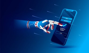 Robot el 'Ben bir Robot değilim' Kaptan üzerinde tıklayarak. Yapay zeka, sistemi kavramı.