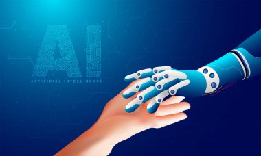 Yapay zeka ve sanal dünya futuristik konsepti. Robot ve insan el bilgisayar tarafından yapılan AI metin ile bağlantı dijital yapıyı oluşturmak. 