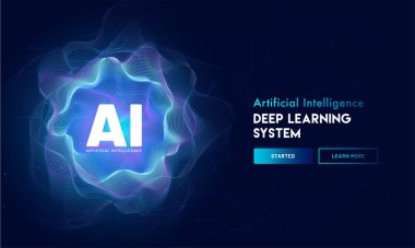 Yapay zeka (AI) açılış sayfası tasarımı, yüksek teknoloji blockchain Ağ neural ağ arka plan üzerinde.