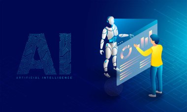 Gelecekte yapay zeka (AI), robot veri izleme veya analiz kavramı izometrik tasarımında temel. Duyarlı web afiş.