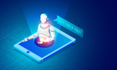 Isometric illustration of a robot on smartphone and mesh networking background, Artificial intelligence(AI) web template concept. clipart