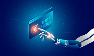 Robot el 'Ben bir robot değilim' Kaptan üzerinde tıklayarak. Yapay intelligence(Ai) kavramı. 
