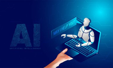 Yapay zeka dönemi ya da dizüstü bilgisayar robot destek icra için çizimi ile sanal gerçeklik kavramı.