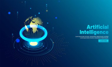 Ortaya çıkan ışınlar arasında parlak dünya illüstrasyon, öğrenme sistemi, yapay zeka (AI) kavramı küresel derin açılış sayfası tasarımı dayalı..