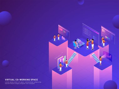 Sanal ortak çalışma platformu, minyatür emekçilerin birlikte, izometrik tasarım uzak iş kavramı dayalı. Duyarlı web tasarım şablonu.