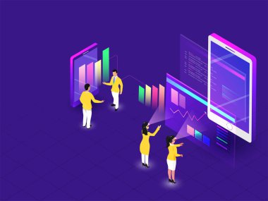 Uzak Coworking veya uzak iş kavramı, minyatür iş insanlar çözümleme verisi Vr gözlük sayesinde mavi zemin üzerine. İzometrik tasarım için web şablonu.