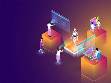 Sanal ortak çalışma alanı, izometrik iş insanlar çözümleme verisi Vr gözlük için uzaktan çalışma kavramı sayesinde web şablonu tasarım dayalı..