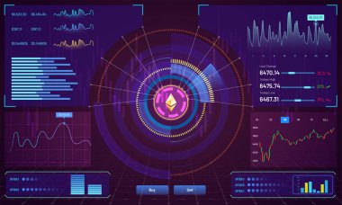 Cryptocurrency kavramının bir Ethereum ticaret platformu, Head-Up Display (Hud) arka plan.
