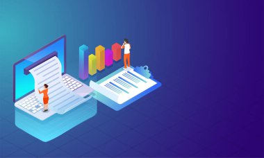 İzometrik laptop bar parlak mavi zemin üzerine kadın çözümleme verilerini grafik, rapor ve iş online alış irsaliyesi ile. Web şablonu olarak kullanılabilir.