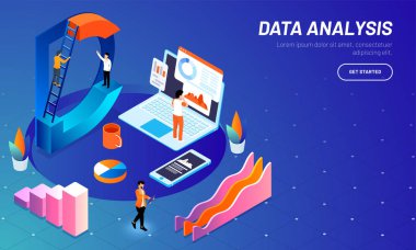 Web sitesi şablonu tasarımı 3d adı D olan minyatür kişi verileri, analitik çözümleme istatistikleri ile parlak mavi arka plan üzerindeki çubuk grafikte korumak..