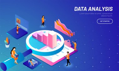 Veri analiz kavramı web şablonu tasarım 3d çizimi Büyüteç, çubuk grafik, pano ve iş analitik çözümleme ile istatistikleri dayalı..