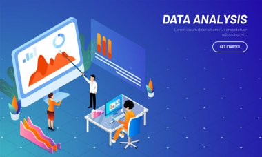 Duyarlı web şablonu tasarım izometrik çizim minyatür iş adamları veya analisti, analiz veri üstünde okul sırası iş büyüme veya veri analiz kavramı ile.