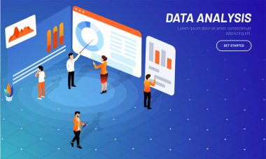 Veri analiz kavramı izometrik çizim minyatür iş adamları ile tutar veya çözümleme verisi duyarlı web şablonunun tasarım.