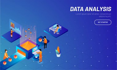 İş adamları veya analistler, çalışmanın izometrik çizimde korumak veri sunucusu veya veri analizi kavramı için analiz istatistikleri.