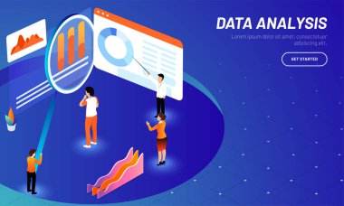 Veri analiz kavramı dayalı web şablonu tasarım iş adamları izometrik çizim ile tutar veya çözümleme verisi.