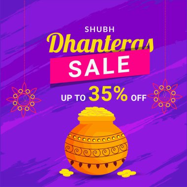 Dhanteras Satılık şablon tasarımı ile % 35 indirim teklif ve mor arka plan potu sikke.