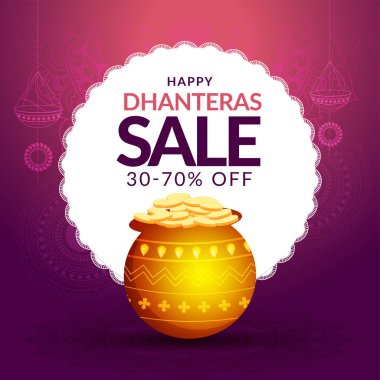 % 30-70 indirim teklif ve parlak altın sikke pot Dhanteras festival kutlaması için mor arka plan üzerinde Satılık şablonu veya el ilanı tasarımı.