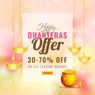 Dhanteras Festivali 30-%70 indirim çizim parlak arka plan üzerinde altın sikke pot ve asılı yaratıcı petrol lambaları ile teklif.