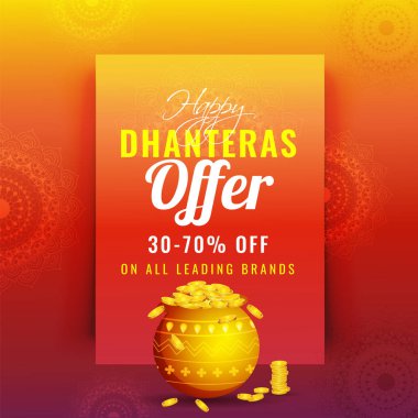 % 30-70 indirim teklif ve illüstrasyon altın sikke ot Dhanteras festival kutlaması için güzel çiçek arka plan üzerinde Satılık poster veya şablon tasarımı.