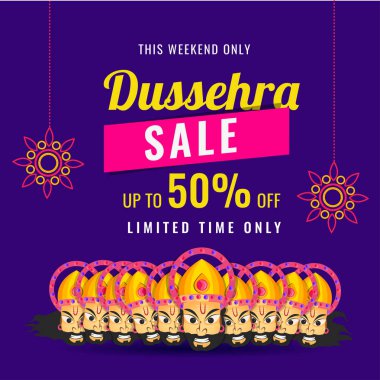 Dussehra Satılık posteri veya başlığı tasarımı ile % 50 indirim teklif on kafasına mavi arka plan ile iblis Ravana yüz çizimi ile.