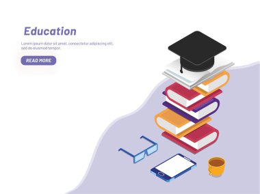 Smartphone ve kolej eğitim kavramı için kitap yığınının izometrik çizimde web şablonu tasarım dayalı.