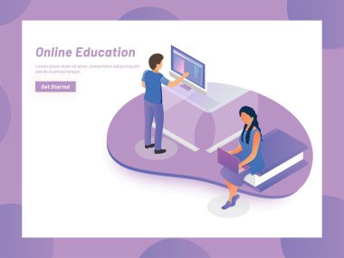 Online eğitim kavramı dayalı web tasarım şablonu, erkek ve kız online arka plan bilgisayar veya dizüstü bilgisayar aracılığıyla hazırlanıyor.