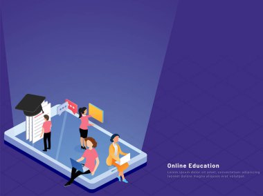 Online eğitim kavramı, okuyan insanlar veya online smartphone ekranında, izometrik Tasarım E-öğrenme web şablonu hazırlama.