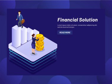 Bayan Danışmanı sağlayan finansal destek için işadamı onun şirketin büyüme, izometrik tasarım mali çözüm web şablonu için betterment için.