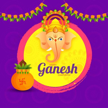 Ganesh Chaturthi Festivali kutlama Lord Ganesha yüz ve ibadet pot ile için mor şablonu veya el ilanı tasarımı.