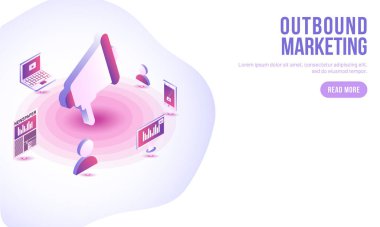 Giden pazarlama kavramı dayalı açılış sayfası tasarımı, izometrik megafon için reklam ve pazarlama arka plan ekipman.