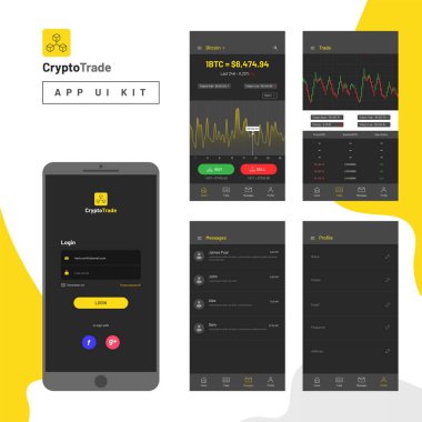 Cryptocurrencies ticaret ve exchange mobil uygulamalar UI veya Ux kavramı. 