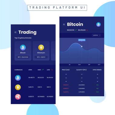 Cryptocurrencies ticaret ve exchange mobil uygulamalar UI veya Ux kavramı. 