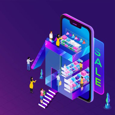 İzometrik smartphone, birçok kullanıcı purcahsing online, web şablonu tasarım konsepti Online alışveriş için online mağaza.