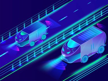 Otonom araç, kentsel peyzaj zemin üzerine Otomotiv otobüs fütüristik teknoloji.
