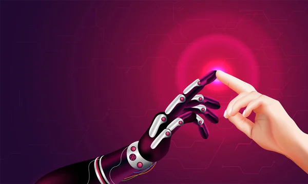 Concetto Futuro Intelligenza Artificiale Mondo Virtuale Mano Robotica Mano Umana — Vettoriale Stock