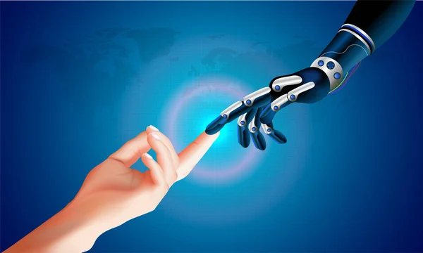 Futuristische Concept Voor Kunstmatige Intelligentie Virtuele Wereld Robotic Hand Menselijke — Stockvector