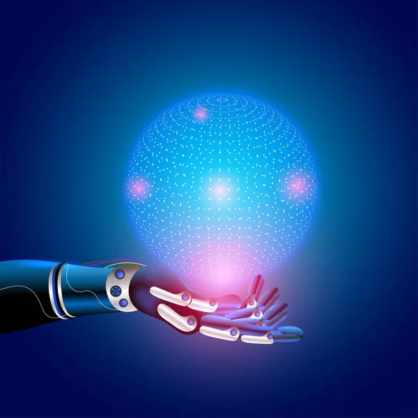 人工智能和虚拟世界的未来概念 机械手手持地球仪 由计算机生成的显示粒子蓝色背景 — 图库矢量图片