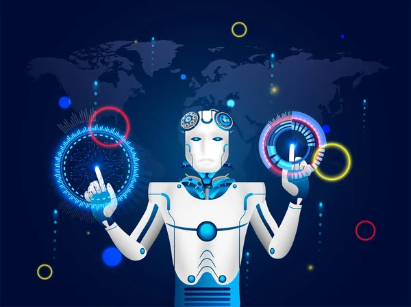 Ilustrace Humanoidní Robot Pracuje Virtuální Rozhraní Displej Hud Pro Éry — Stockový vektor