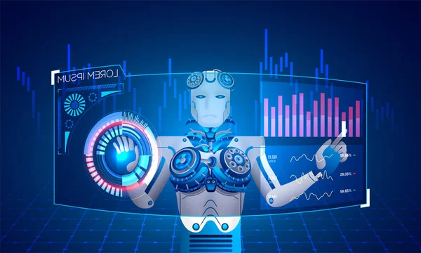 Érzékeny Nyitóoldal Design Humanoid Robot Dolgozik Virtuális Hud Kezelőfelületet Korszak — Stock Vector