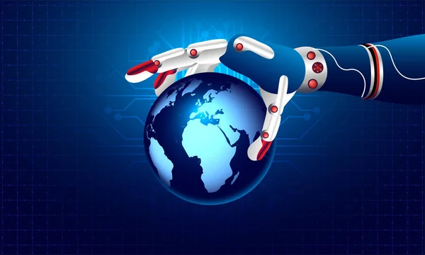 Illustrazione Isometrica Della Mano Robotica Che Tiene Globo Terrestre Sfondo — Vettoriale Stock