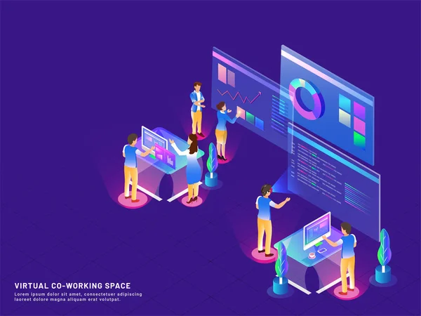 Espaço Trabalho Com Pessoas Negócios Isométricos Trabalhando Juntos Local Distante —  Vetores de Stock