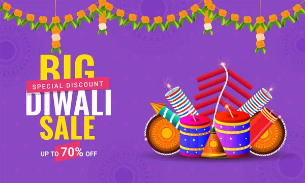 Diwali Sale Poster Banner Design Discount Offer Firecrackers Purple Background — Stock Vector
