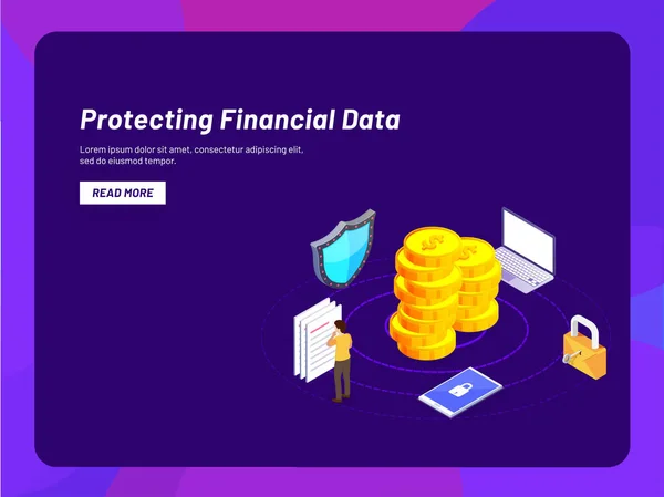 Diseño Landing Page Basado Concepto Protección Datos Financieros Pila Monedas — Vector de stock