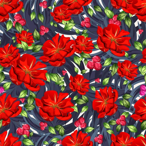 赤い花で飾られた美しいシームレス花柄背景 — ストックベクタ