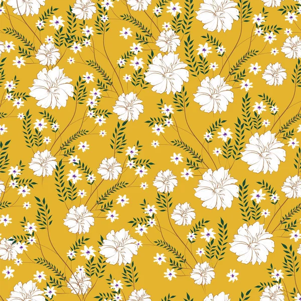 黄色のシームレスなパターン背景に白い花の装飾が施されて — ストックベクタ